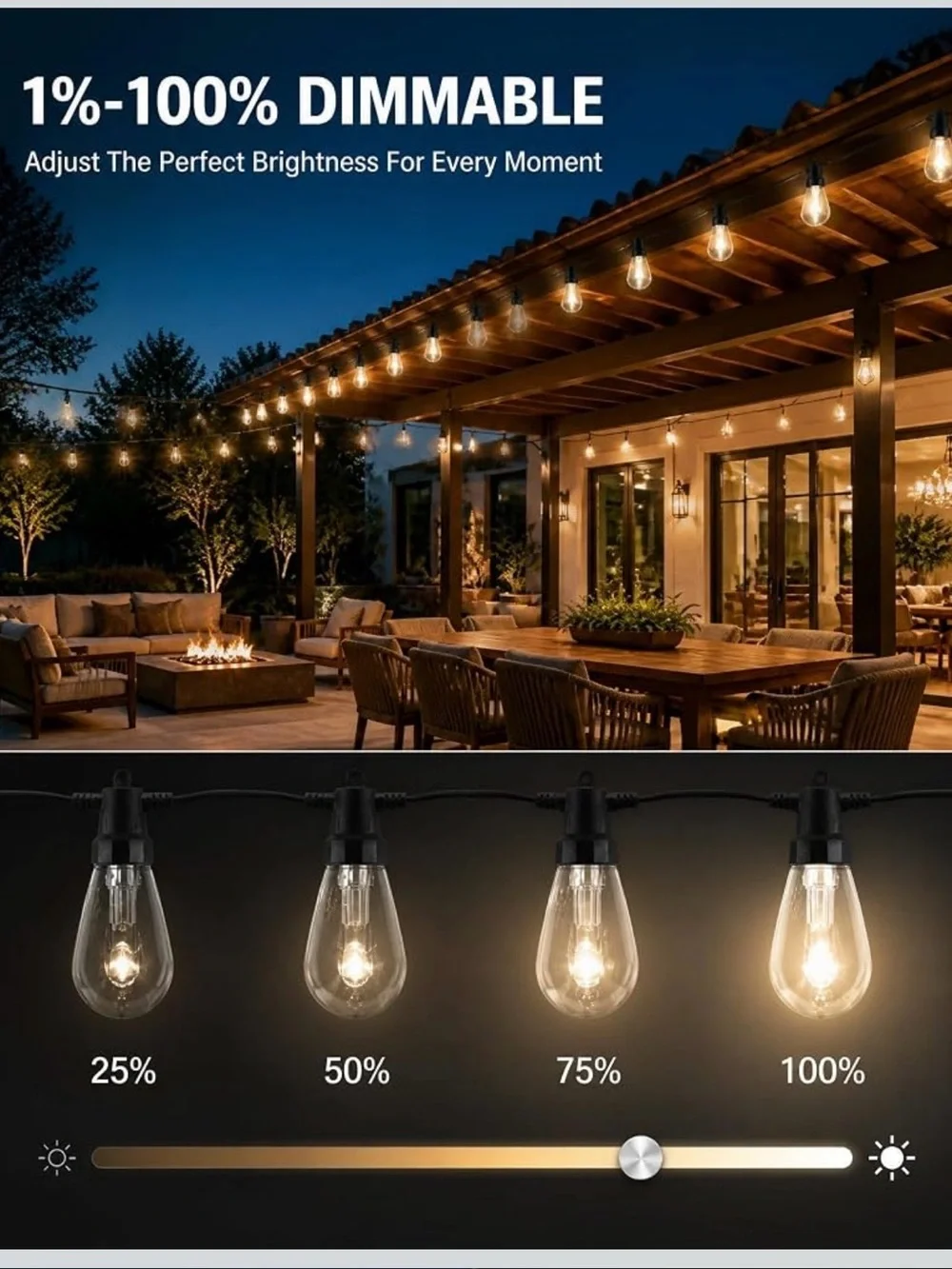 Outdoor string lights, 50FT RHBW color changing patio lights with remote and APP